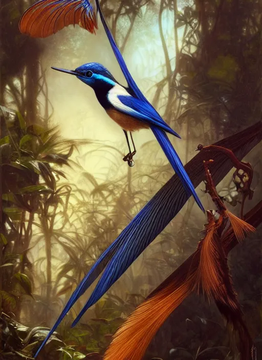 Image similar to hyper realistic paradise flycatcher, refined details, denoised, birds eye view, magical, gems, jewels, gold, steampunk, cyberpunk utopia, painted by tom bagshaw, mucha, gaston bussiere, craig mullins, j. c. leyendecker 8 k