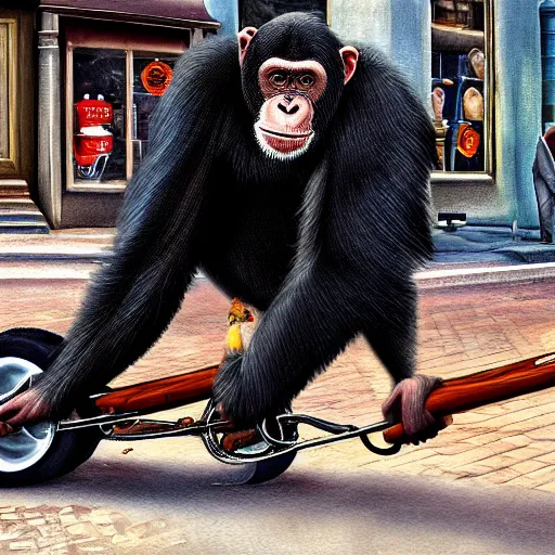 Prompt: a steamroller driving towards a chimpanzee picking up pennies in a street, dramatic lighting, highly detailed digital painting