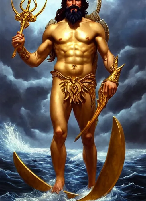 Prompt: Poseidon the God of Sea holding a golden trident, upper body, realistic photo, masculine, Greek God, D&D, fantasy, intricate, cinematic lighting, highly detailed, digital painting, artstation, concept art, smooth, sharp focus, illustration, art by Artgerm and Greg Rutkowski and Alphonse Mucha
