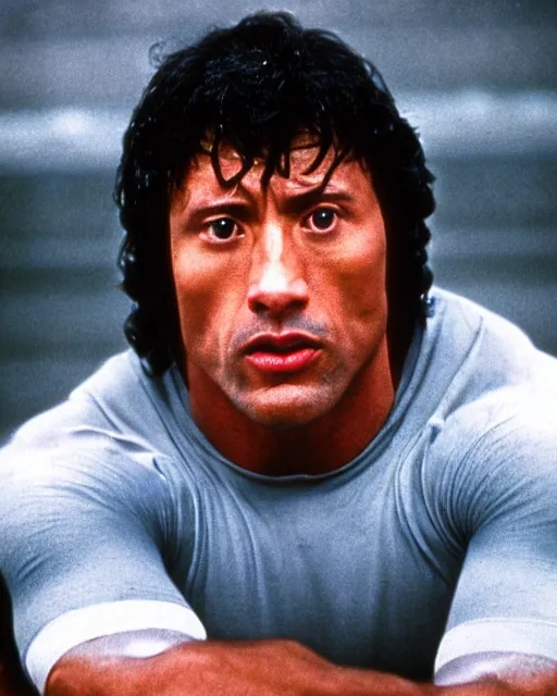 Image similar to Film still close-up shot of Dwayne Johnson as Rocky Balboa from the movie Rocky. Photographic, photography