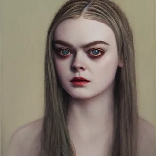 Image similar to a striking oil painting of Elle Fanning , dark, metal, occult, by Edward Hughes