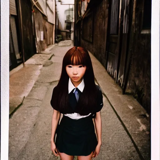 Image similar to a perfect 8K HD professional photo of close-up japanese schoolgirl posing in sci-fi dystopian alleyway, harsh light, at instagram, Behance, Adobe Lightroom, taken with polaroid kodak portra