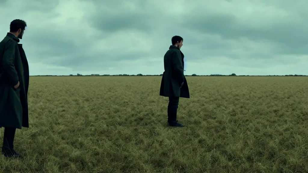 Prompt: a man in a trench coat check his watch in a field, low angle, concerned face, film still from the movie directed by Denis Villeneuve, wide lens