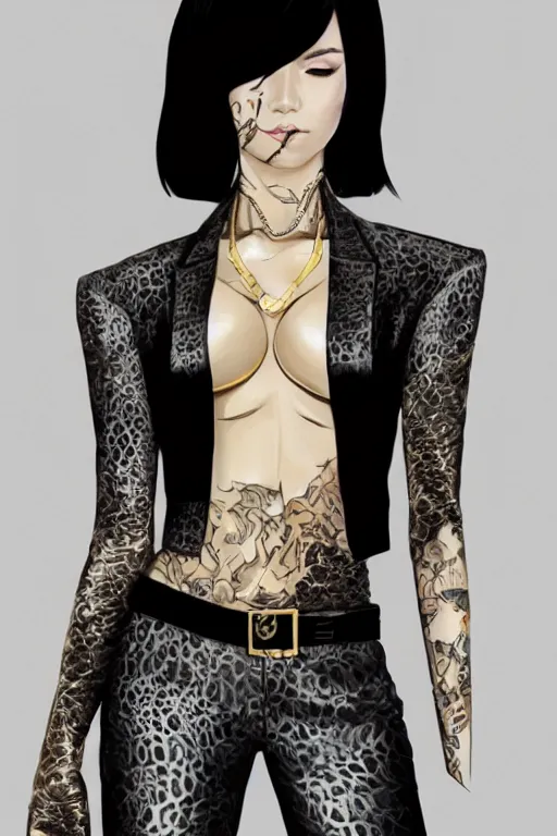 Image similar to yakuza slim girl, gold suit jacket in snake print, jacket over bare torso, yakuza tattoo on body, black short curtain haircut, black leather pants with black belt, portrait, elegant, 2d, ultra highly detailed, digital painting, smooth, sharp focus, artstation, art by Ilya Kuvshinov, rossdraws