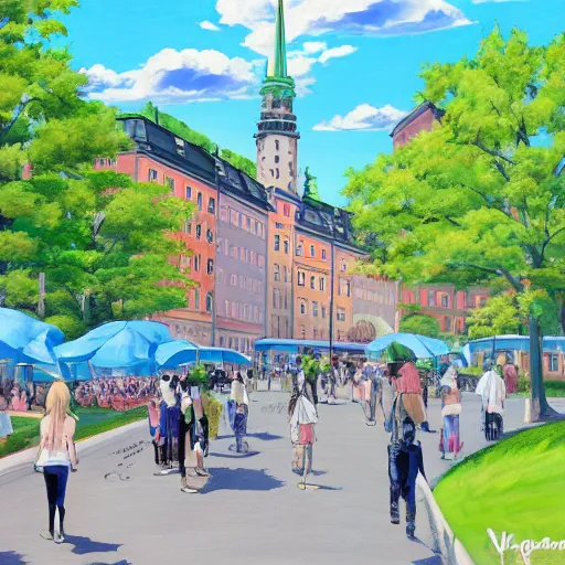 Prompt: a painting of mariaberget in stockholm during summer, anime style