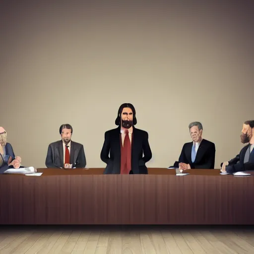 Prompt: Modern-day Jesus in a business suit, presiding over an important business boardroom meeting with other executives, photorealistic