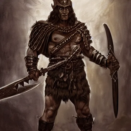 Prompt: Portrait of Conan the conqueror , in a horned helmet, scant chainmail armor, wielding an axe, muscular male, fantasy, extremely detailed, mixed media comic book style illustration, artstation, fantasy art, sharp focus, perfectly symmetrical facial features, intimate lighting, art by Frank Frazetta, Simon Bisley and Bill Sienkiewicz , hyperrealism, dark fantasy, foreboding atmosphere, perfect ratio, hyperdetailed, highest resolution, heavily detailed and complex