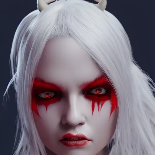 Image similar to a highly detailed portrait of a humanoid demon girl with white hair, red horns, in white clothes, artstation, deviantart, professional, unreal engine 5, photorealistic