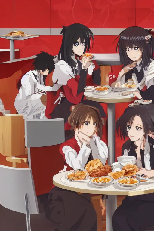 Prompt: a beautiful picture of people have breakfast in kfc, anime, detailed, 8 k