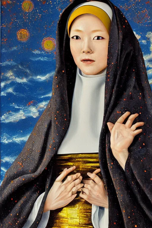 Prompt: hyperrealism oil painting, close-up portrait of nun fashion model, ginger, dressed in cloak, melted cyborg, ocean pattern mixed with star sky in front, in style of classicism mixed with 70s japan book art