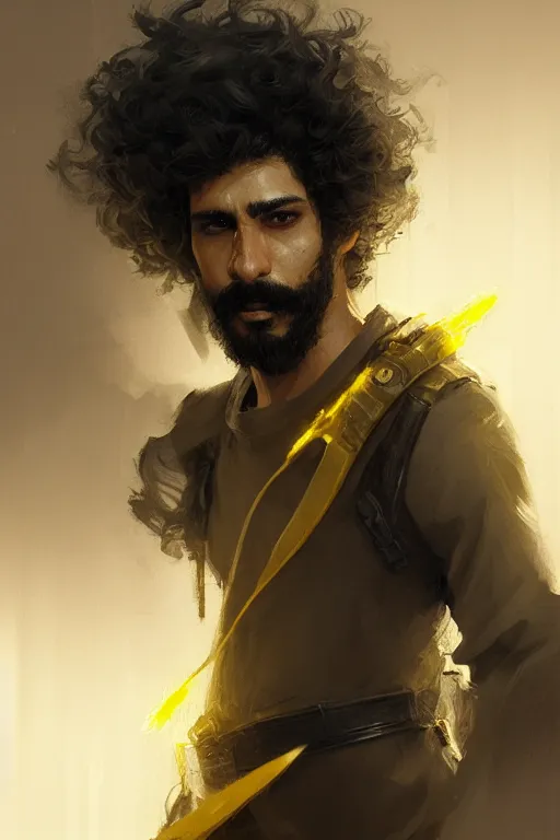 Image similar to Arab man light beard, curly hair, swordsman, modern, hero, yellow and charcoal leather, highly detailed, digital painting, artstation, concept art, sharp focus, illustration, by greg rutkowski