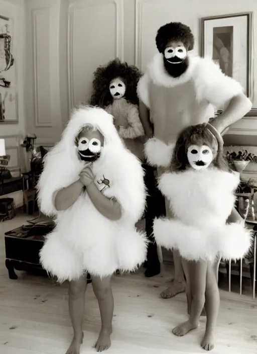 Prompt: realistic photo of the family wearing fluffy hairy masks, white fluffy cotton shorts, polished and fancy, standing in the wooden room full of wooden furniture 1 9 9 0, life magazine reportage photo