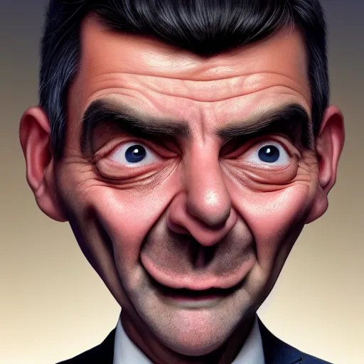 Image similar to mrbean head caricature, artgem, digital painting, fullshot, color painting, hyperrealistic, concept art, oil painting, masterpiece, concept art, trending on deviantart, realistic and detailed face, highly detailed, high quality, 8 k, soft lighting, fancy colors, fantasy, cinematic, high coherence