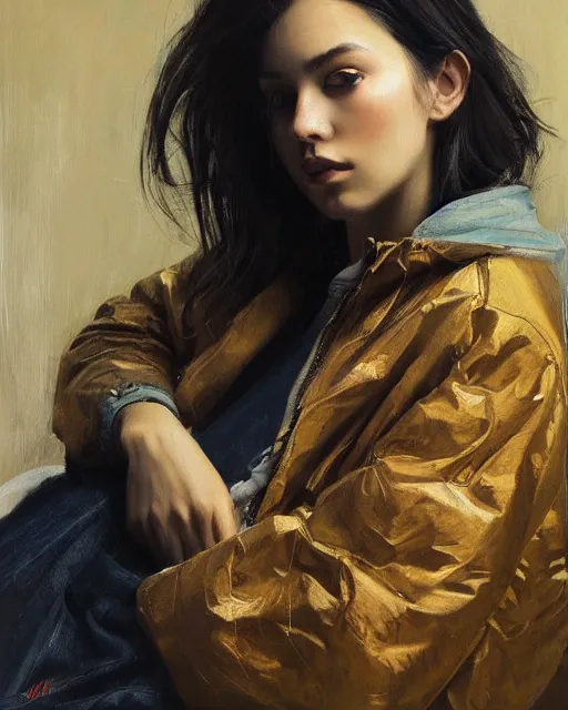 Prompt: a ultradetailed beautiful panting of a stylish woman sitting on the floor in a tiled room, she is wearing an oversized jacket, night time, highly detailed face, oil painting, by ruan jia