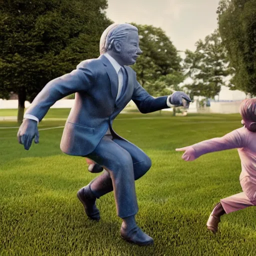 Image similar to a statue of joe biden chasing a child, octane render, 3 d render, 4 k, hyper realistic, super detailed.