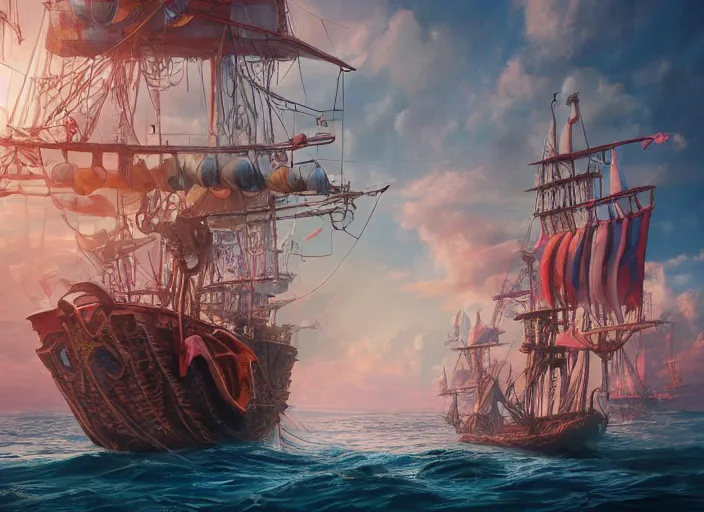 Prompt: detailed concept art illustration colorful pastel painting of a pirate ship on the ocean in full intricate sails and water, ultra detailed, digital art, octane render, 4K, dystopian, micro details