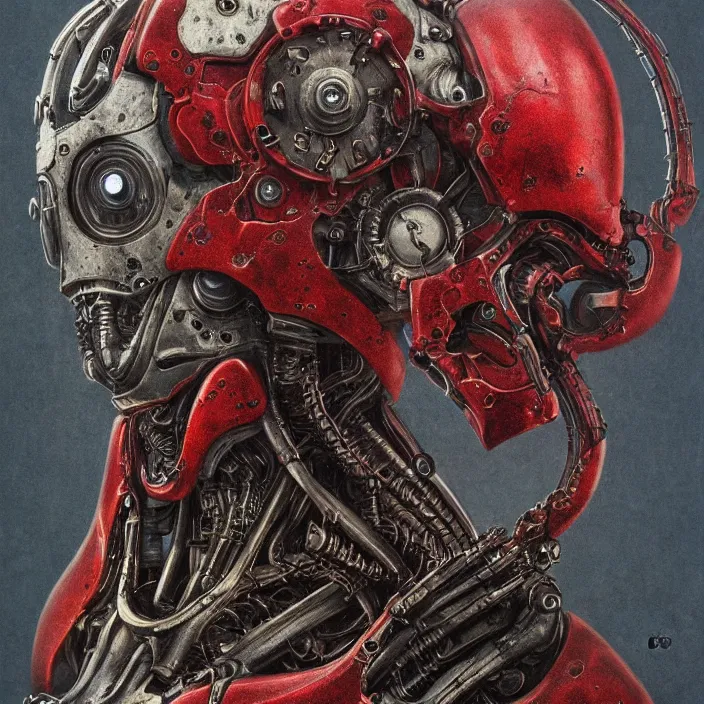 Prompt: in the art style of h. r. giger a portrait of a ruby ultron from age of ultron, clockwork steampunk, head and chest only, by beksinski, 4 k, deviantart, trending on artstation