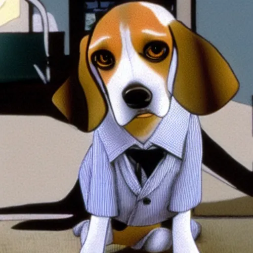 Image similar to a beagle wearing a business suit and fedora, studio ghibli