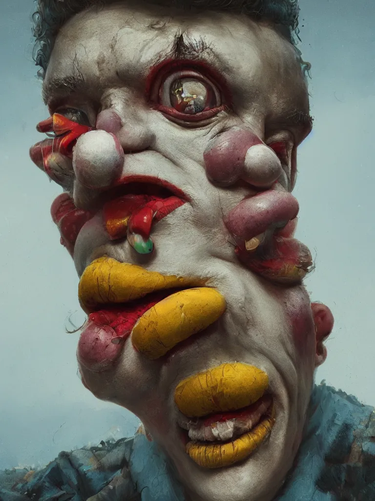 Prompt: a portrait of an helpless clown in a painting from stalenhag, 4 k, 8 k, hdr, artstation, concept art