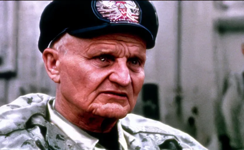 Image similar to Old Karol Wojtyła in a still from the movie Full Metal Jacket (1987), 4k, high quality