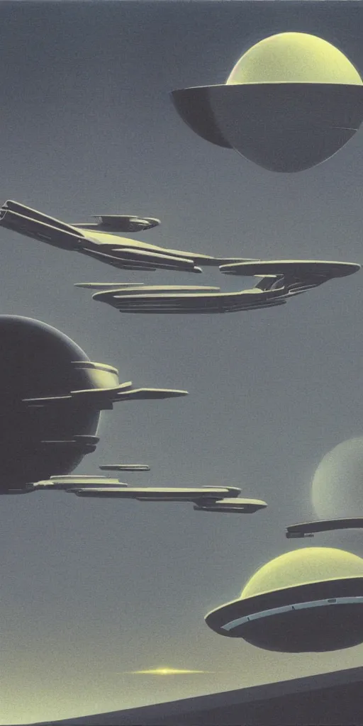 Prompt: futuristic skyline, spaceship, two moons, Ralph McQuarrie