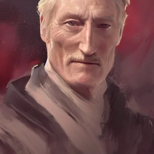 Prompt: portrait of a man by greg rutkowski, he looks like charles dance, star wars expanded universe, he is about 7 0 years old, wearing white and red chancellor clothes of the galactic triunvirate.