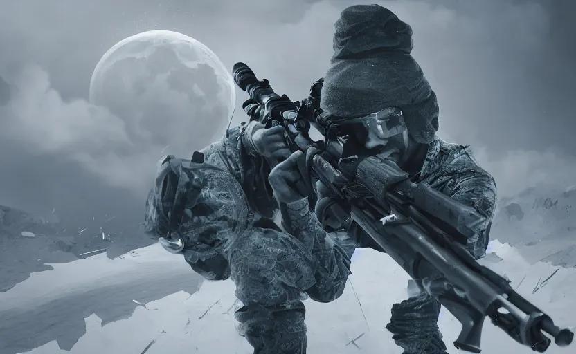 Image similar to a blind sniper, digital art, game cinematic, epic composition, moonlit, blue rimlighting, high fov