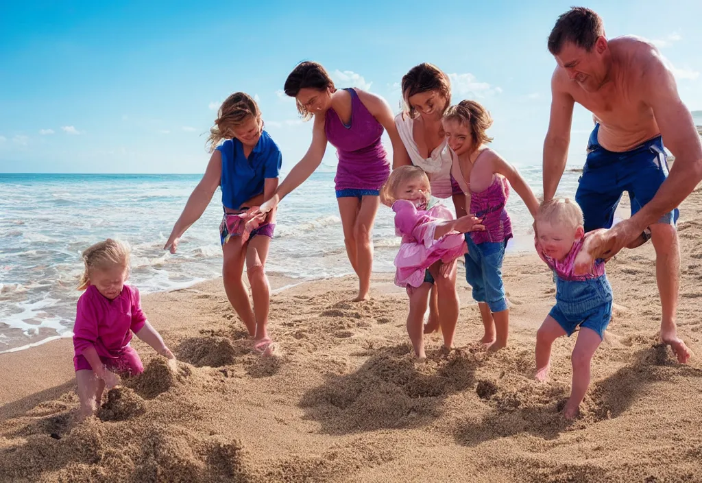 Prompt: a family at the beach playing in the sand