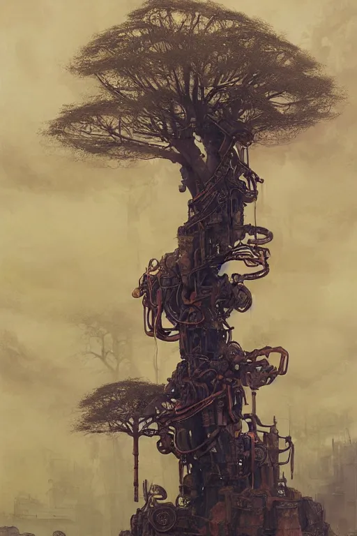 Prompt: dieselpunk tree made from engines, painted by ruan jia, raymond swanland, lawrence alma tadema, zdzislaw beksinski, norman rockwell, jack kirby, tom lovell, alex malveda, greg staples