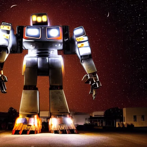 Image similar to giant robot at night, claws, humanoid, face, horror movie, stark light, dramatic lighting, evil smile, street at night, cars in the background, trash on the ground, night sky, scary, evil