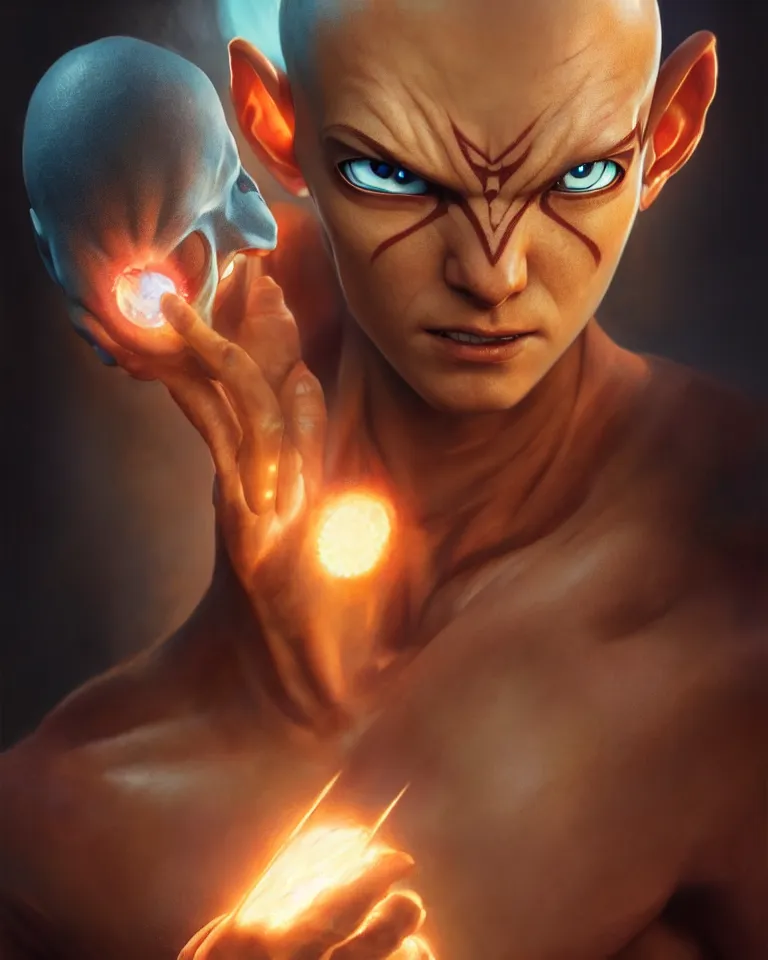 Image similar to avatar aang glowing tattoo,digital art,ultra realistic,ultra detailed,art by greg rutkowski sacha goldberger,hyperdetailed,detailed face,professional lighting,dramatic,3 point lighting