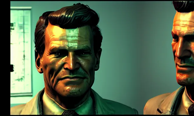 Image similar to ingame dialog talking!!!!!!!!! to dennis!!!!! bateman!!!!! in fallout 5, hd 4 k max settings raytracing