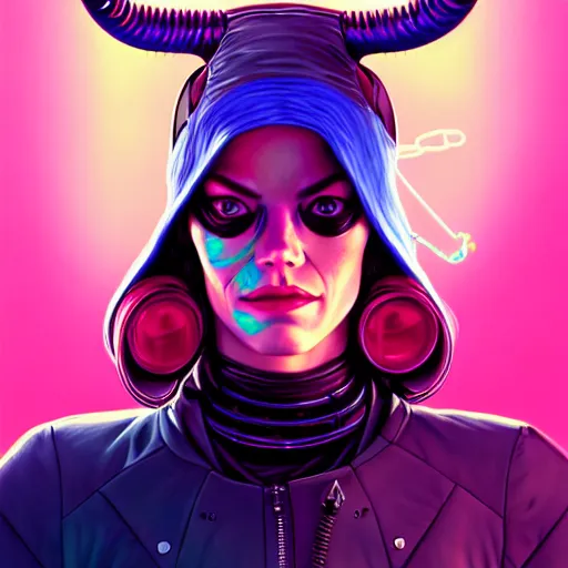 Prompt: portrait painting of a cyberpunk hacker muscular emma stone with two big horns on her head, sharp focus, award - winning, trending on artstation, masterpiece, highly detailed, intricate. art by josan gonzales and moebius and deathburger