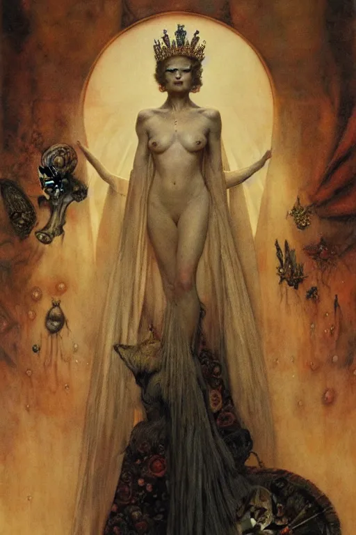 Image similar to a portrait of queen Elizabeth by wayne barlowe, gustav moreau, goward,  Gaston Bussiere and roberto ferri, santiago caruso, and austin osman spare, ((((occult art))))