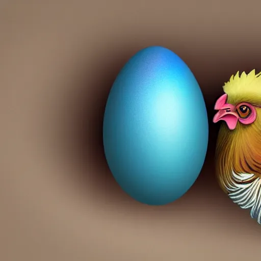 Image similar to 'a painted Easter egg that is imagining becoming a chicken as imagined by a iridescent rooster as imagined by a cat that is laying half asleep on the windowsill as the mentally ill geek girl reads the cat's thoughts concerning the iridescent rooster is imagining a beautiful painted Easter egg that is imagining turning into a chicken.' 3D render at 16K resolution. epically surreally epic image. rendering amazing detail. vivid clarity. ultra shadowing. mind-blowing quality.