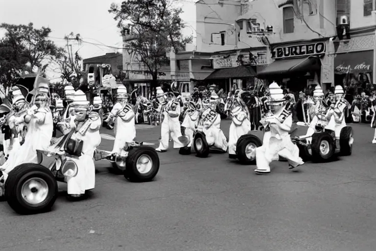 Prompt: a 1955 shriner's parade with people driving hamburger go-carts and a marching band in cat costumes