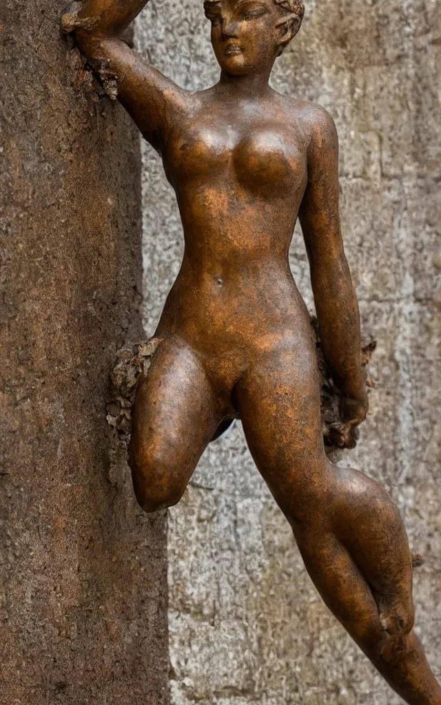 Image similar to detailed photo of old bronze patina statue of gorgeous pinup, character emerges from the castle wall super highly detailed, full body view, various poses, the statue is inside the versailles castel, photorealism, intricate detail, museum diffuse lighting, autumn sunlights