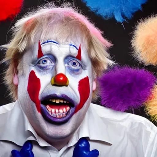 Image similar to boris johnson putting on clown makeup, colorful, clown, circus