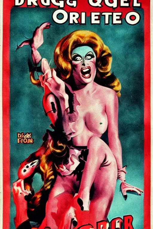 Image similar to drag queen monster vintage horror movie poster