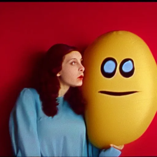 Prompt: still from a 1993 arthouse film about a depressed housewife dressed as a squishy inflatable smiley who meets a handsome younger man in a seedy motel room, color film, 16mm soft light, weird art on the wall