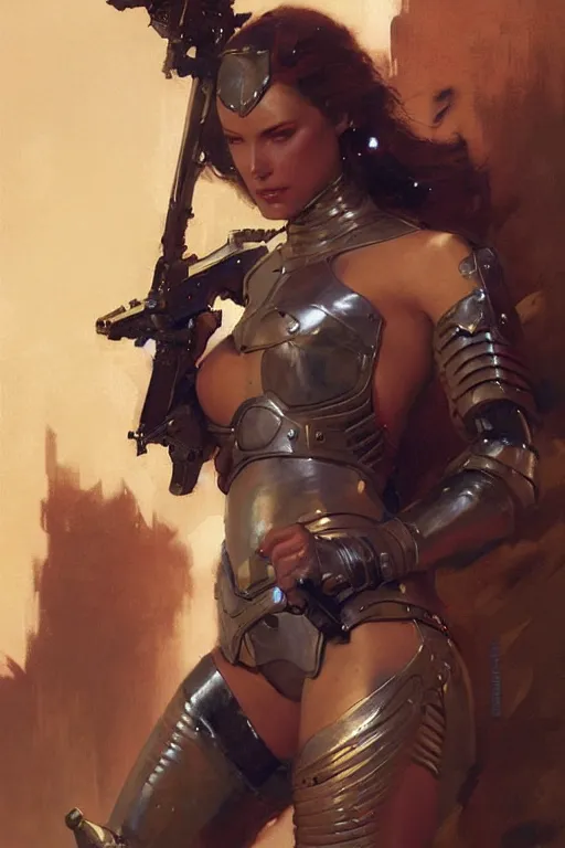 Image similar to futuristic women with medieval armor dynamic poses, holding a gun, detail, beautifull face, no blur, painting by gaston bussiere, craig mullins, greg rutkowski, yoji shinkawa, sorayama