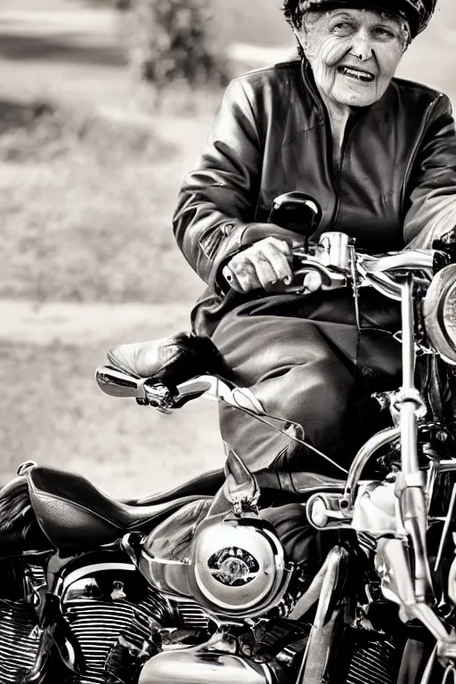 Image similar to a beautiful portrait photo of old grandmother riding on a Harley Davidson bike, cinematic masterpiece