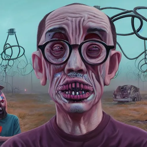 Image similar to ricky berwick, simon stalenhag, horror, eldritch horror, foggy