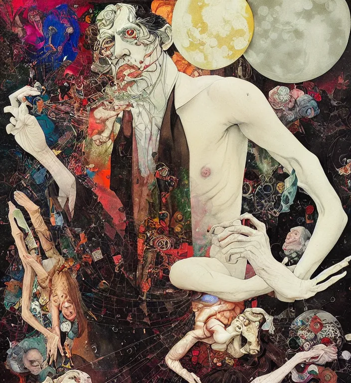 Image similar to over - saturated professional pre - raphaelite decollage painting defined colours old white - headed man under the huge moon on a street of neo toky city by adrian ghenie and takato yamamoto and austin osman spare and edward hopper and mark ryden and tsutomu nihei, very coherent, baroque elements, perfect anatomy, intricate design. pop art.