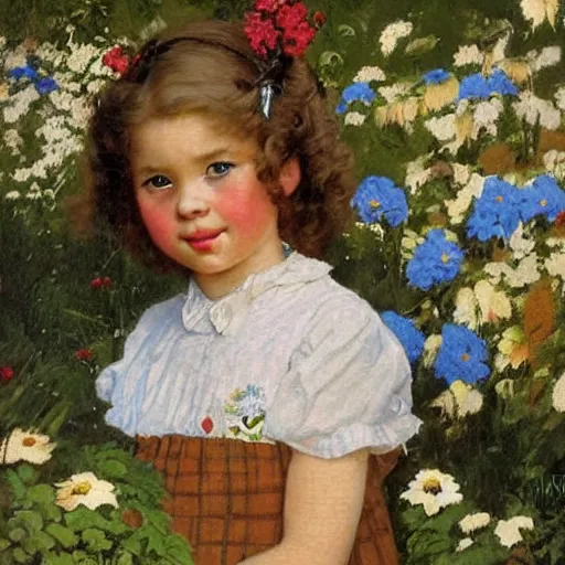 Prompt: a little girl with wavy light brown hair and blue eyes in a beautiful garden. beautiful painting by norman rockwell and raymond swanland, beautiful detailed face.