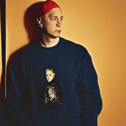 Prompt: eminem wearing a spaghetti sweater. High detail, dramatic lighting, film grain,