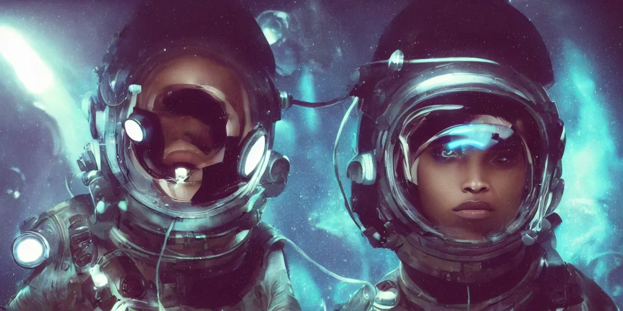 Image similar to Zoe Kravitz with short hair as a techpunk astronaut, helmet with led lights, underwater in the ocean at night, clear water, glowing bubbles, volumetric lighting, glowing lights, 4k, octane, unreal engine, digital painting, artstation, concept art, high contrast, high saturation , cinematic film still, sharp focus, illustration, art by Christopher Nolan and artgerm and greg rutkowski and alphonse mucha , wide angle view, full body