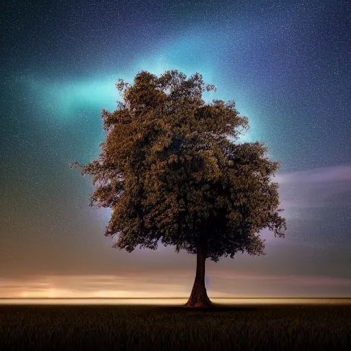 a tree with a building growing out of it, with stars | Stable Diffusion