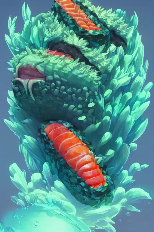 Image similar to 3 d render creature animal sushi cristal very big eye roots cactus elemental flush of force nature micro world fluo fishscale, comics gta 5 cover, official fanart behance hd artstation by jesper ejsing, by rhads, makoto shinkai and lois van baarle, ilya kuvshinov, ossdraws