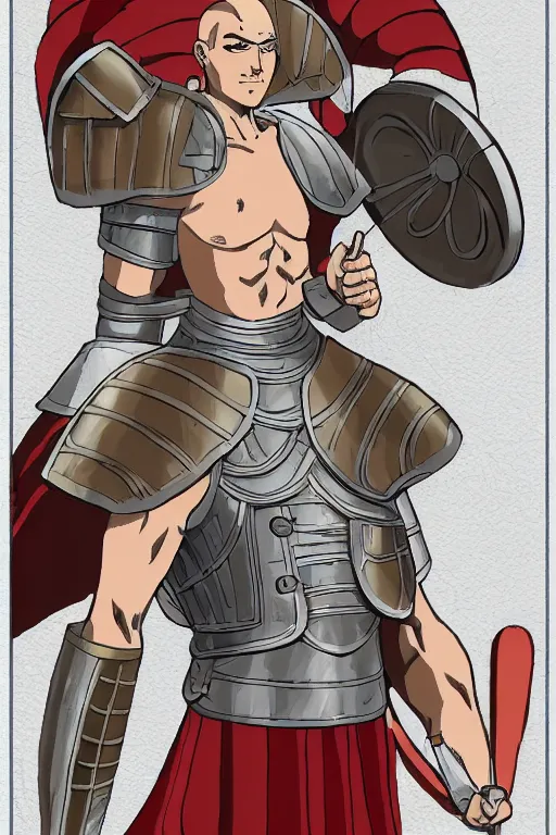 Image similar to shy tall muscular roman guard, male, bushy eyebrows, round eyes, buzz cut hair, roman armor, screen cap, 4K, stylized, drawn by Hiromu Arakawa